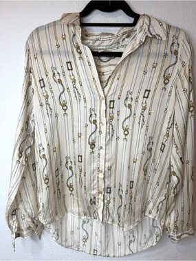 $380 L'AGENCE L'Agence Tyler Chain Silk Blouse Ivory Women’s Medium Button Down